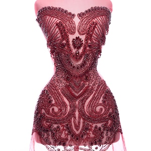 Red Rhinestone Applique – Luxury Crystal Beaded Bodice Patch for Wedding Dress, Prom Gown, Handmade Mesh Embellishment for DIY Couture