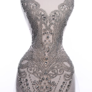 Silver Rhinestone Applique for Wedding Dress – Luxury Crystal Bodice Embellishment for Bridal Gowns, Prom Dresses & Couture Design Projects