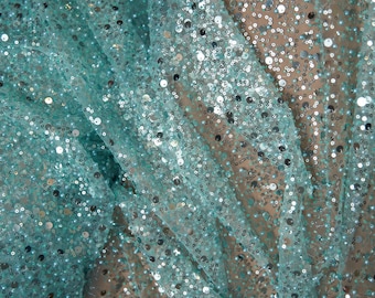 Tela de encaje con lentejuelas verdes cortada a medida – Malla de lujo con cuentas, perlas y lentejuelas para vestidos de novia, vestidos de fiesta, vestidos de noche y ropa de vacaciones.