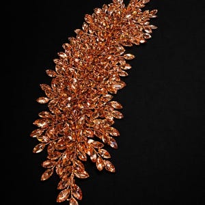 May include: An elegant, copper-colored hair accessory, possibly a comb or headband, featuring a leaf-like design. The piece is adorned with numerous sparkling, gem-like embellishments. The background is a solid black, highlighting the intricate details of the jewelry.