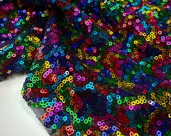 Rainbow Sequin Fabric by the Yard – 3mm Multicolor Mesh for Festival Outfit, Dance Costume, Prom Dress