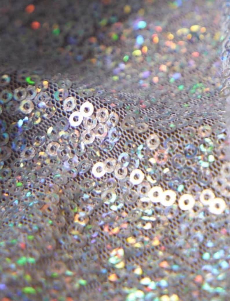 Silver Sequin Fabric by the Yard – 3mm Holographic Mesh for Prom Dress, Ice Skating Costume, Pageant Gown