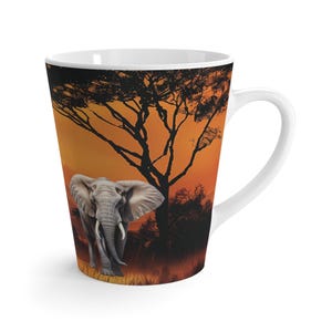 Kubek do latte, filiżanka do kawy z motywem afrykańskich słoni o zachodzie słońca, prezent dla miłośnika zwierząt safari, kubek do herbaty z motywem dzikiej przyrody, ceramiczny kubek z motywem słonia o zachodzie słońca, prezent dla