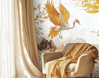 White and Gold Chinoiserie Wallpaper Featuring Cranes, Asian Inspired Wallpaper Crane Birds, Luxury Chinoiserie Peel and Stick Wallpaper