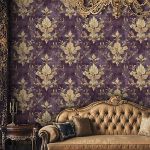 Lila florale Damast-Tapete, luxuriöse Barock-Tapete, lila und goldene Damast-Tapete zum Abziehen und Aufkleben, Vintage-Art-Deco-Tapete
