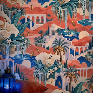 May include: Wallpaper featuring a surreal desert landscape with floating islands, waterfalls, palm trees, and gazelles resting in large white flowers. The scene includes arched stone bridges, a crescent moon, and a deep blue night sky.