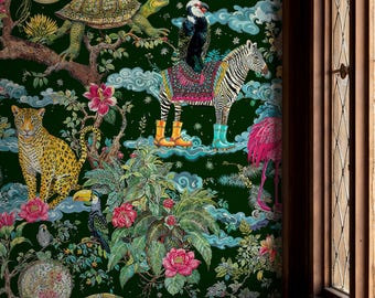 Papel pintado verde oscuro con motivos de la jungla: mural autoadhesivo de animales exóticos de safari.