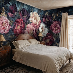 Grande carta da parati murale floreale astratta, carta da parati floreale scura blu navy staccabile e attaccabile, carta da parati con fiori di peonia dipinti a olio sfondo scuro