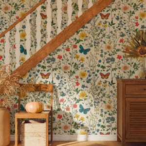 Wild Flowers Peel and Stick Wallpaper Mural, Field Flowers Wallpaper, Butterflies Wallpapers, Wildflower Meadow Wallpaper with Butterflies