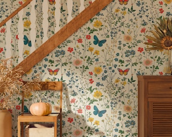 Wild Flowers Peel and Stick Wallpaper Mural, Field Flowers Wallpaper, Butterflies Wallpapers, Wildflower Meadow Wallpaper with Butterflies