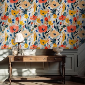 Abstract Floral Peel and Stick Wallpaper Mural, Boho Floral Wallpaper, Bright Wild Flowers Wall Mural, Self Adhesive Wallpaper with Flowers