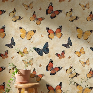 Vintage Butterflies Wallpaper, Beige Butterfly Peel and Stick Wallpaper, Vintage Botanical Wall Mural, Butterfly Moth Wallpaper Cottagecore