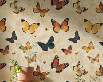 Vintage Butterflies Wallpaper, Beige Butterfly Peel and Stick Wallpaper, Vintage Botanical Wall Mural, Butterfly Moth Wallpaper Cottagecore