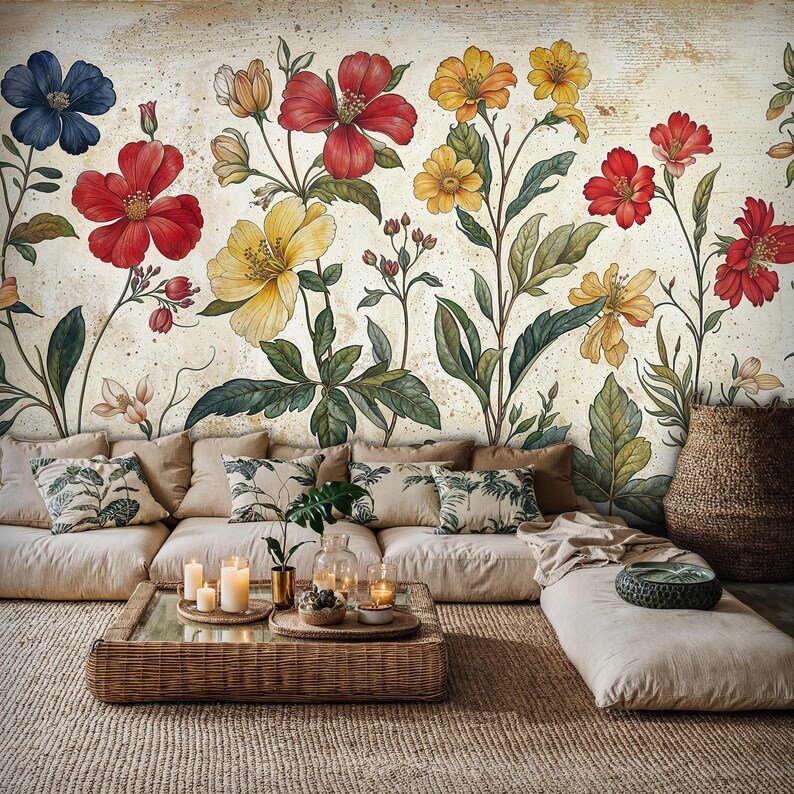 Vintage Botanical Flowers Wallpaper, Removable Floral Large Wall Murals ...