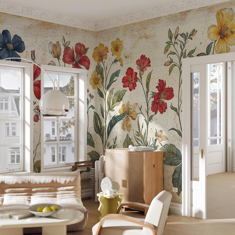 Vintage Botanical Flowers Wallpaper, Removable Floral Large Wall Murals ...