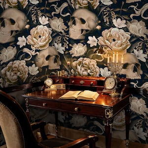 Dark Moody Skulls Peel and Stick Wallpaper, Gothic Floral Skeleton Wall Mural, Self Adhesive Dark Floral with Skull Wallpaper, Wall Covering