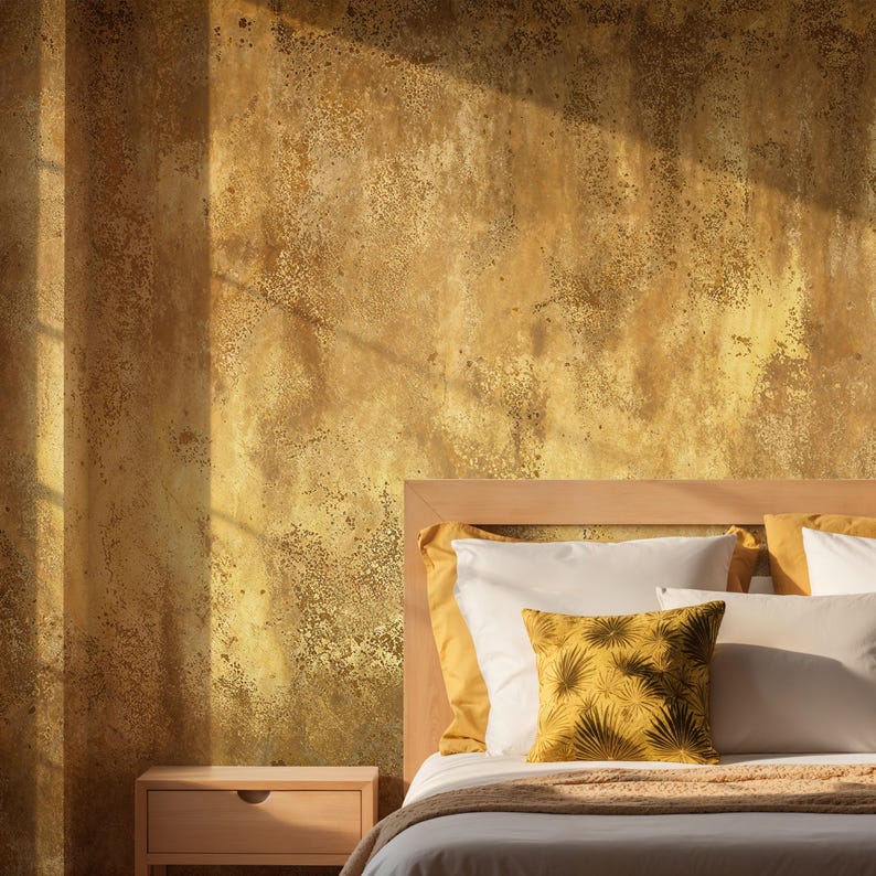 Sunlit bedroom decor with a wooden bed frame and mustard yellow accents. Textured Wallpaper providing a faux gold plaster illusion for a cozy and warm modern bedroom mural.