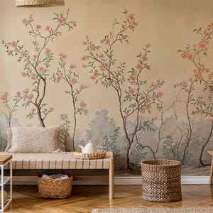 Chinoiserie Wallpaper Peony Blossom, Vintage Chinoiserie Peel and Stick Wallpaper Mural, Self Adhesive Chinoiserie Tree Wallpaper Blossom