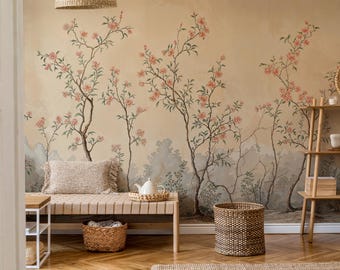 Chinoiserie Wallpaper Peony Blossom, Vintage Chinoiserie Peel and Stick Wallpaper Mural, Self Adhesive Chinoiserie Tree Wallpaper Blossom