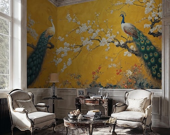 Gold Chinoiserie Wallpaper Mural, Peacock Wall Mural, Vintage Chinoiserie Peel and Stick Wallpaper, Gold Chinoiserie Removable Wallpaper