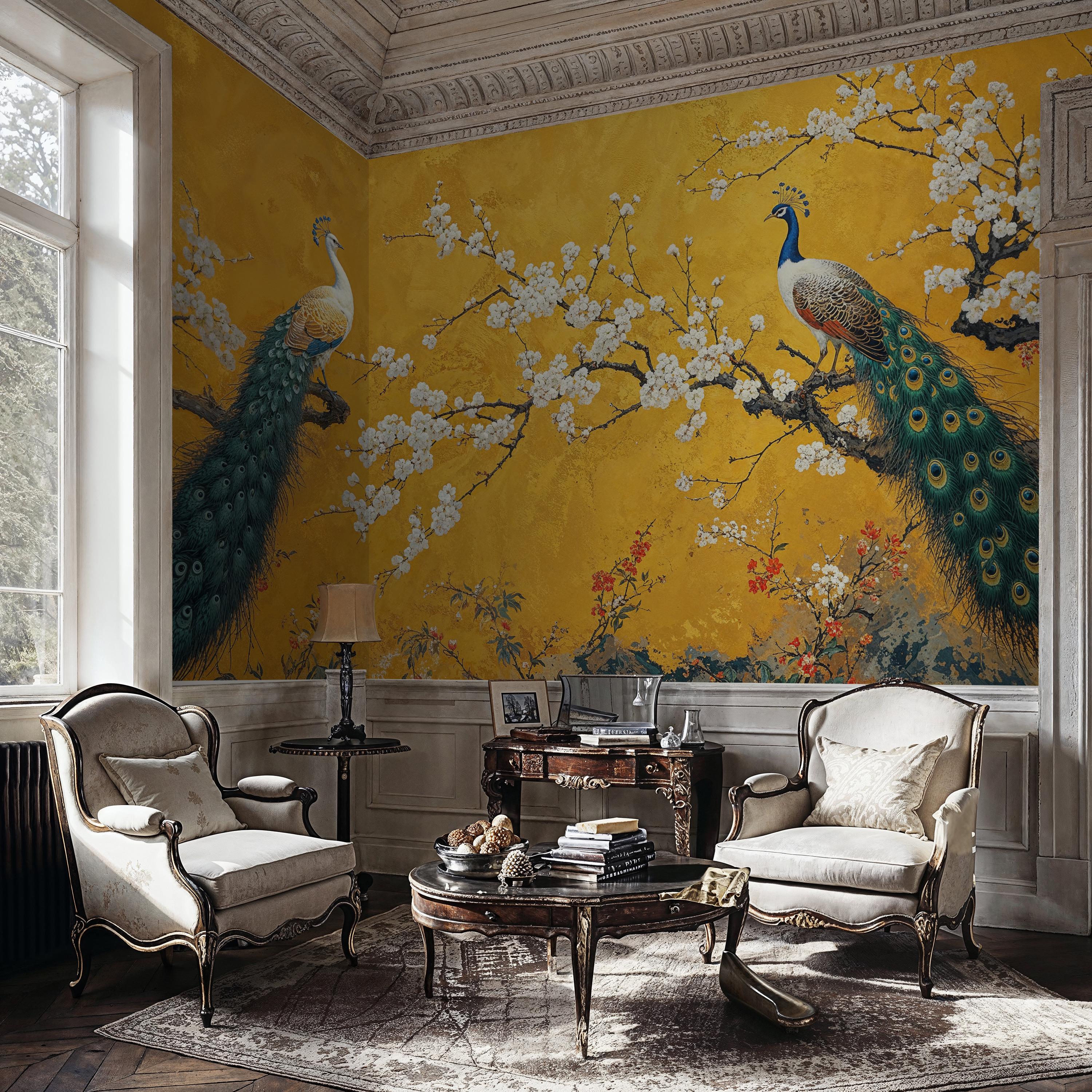 Goldene Chinoiserie-Tapete Wandbild, Pfau Wandbild, Vintage Chinoiserie Peel and Stick-Tapete, Gold Chinoiserie-Entfernbare Tapete