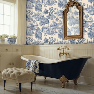 Carta da parati adesiva blu Toile, carta da parati adesiva French Toile blu e bianca, carta da parati Toile French Country, carta da parati murale Toile