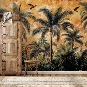 Papel tapiz de selva tropical despegable y adhesivo, papel tapiz vintage de jungla de palmeras tropicales, mural de jungla tropical con pájaros, papel tapiz de palmeras tropicales