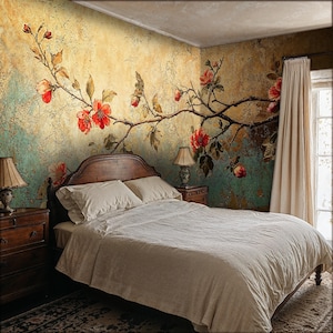 Gold Romantic Floral Branch Tree Wallpaper Mural, Antique Floral Wallpaper Peel and Stick, Vintage Chinoiserie Floral Medieval Wallpaper