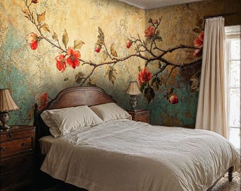 Guldfärgad romantisk blommig grenträdtapet, antik blommig tapet skalbar och självhäftande, vintage Chinoiserie blommig medeltida tapet
