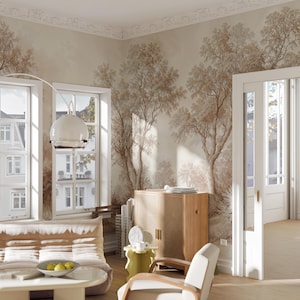 Sepia Landscape Peel and Stick Wallpaper, Vintage Scenic Mural Wallpaper Sepia Color, Panoramic Landscape Wallpaper, Scenic Wall Mural