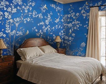Blaue Chinoiserie Peel and Stick-Tapete Wandbild, Chinesische Kirschblüten-Tapete, Chinoiserie-Wandbild, Asiatische Baum-Wandbild-Tapete