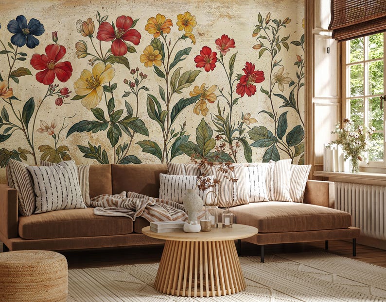 Vintage Botanical Flowers Wallpaper, Removable Floral Large Wall Murals ...