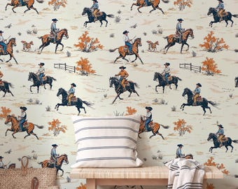Western Cowboy Wallpaper Mural, Horseback Riding Wallpaper, Rodeo Western Peel and Stick Wallpaper, Vintage Western Themed Wallpaper