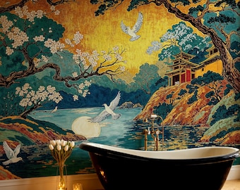 Peel-and-Stick-behang Chinoiserie: wandbekleding pagode, vogels en bloesem