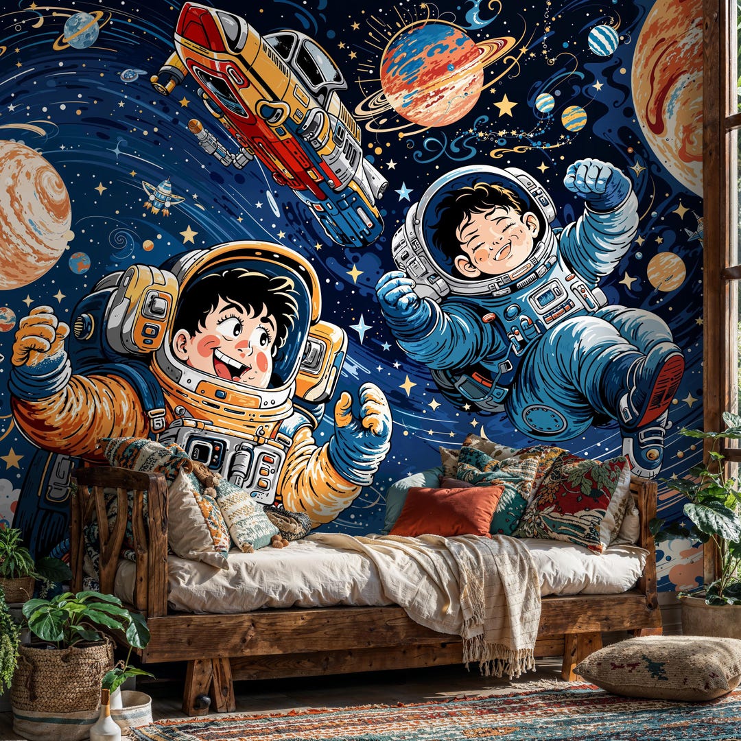 Kids Room Astronaut Peel and Stick Wallpaper, Cartoon Space Wall Mural ...