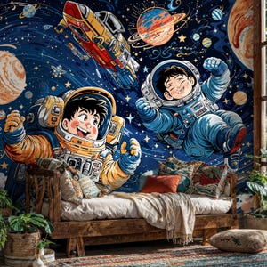 Papel tapiz autoadhesivo de astronauta para habitación infantil, mural de pared espacial de dibujos animados, mural de cohete estrellado y planetas para habitación infantil
