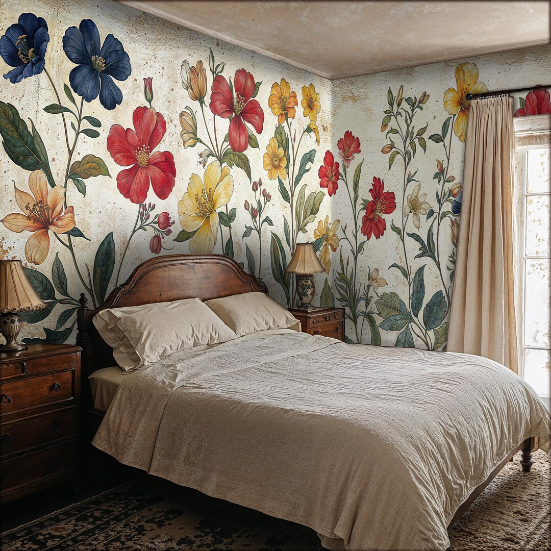 Vintage Botanical Flowers Wallpaper, Removable Floral Large Wall Murals ...
