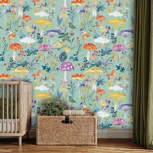 Carta da parati adesiva con funghi color verde acqua pastello, murale con foresta stravagante per la cameretta dei bambini, carta da parati con giardino delle fate per bambini
