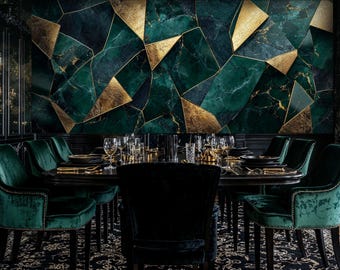 May include: A dining room with a dark green and gold geometric wallpaper. The room has a large black cabinet, a dark wood dining table, and six green velvet chairs.