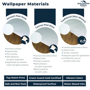 Peut inclure: Graphique informative pr&eacute;sentant les mat&eacute;riaux de papier peint : Smooth Peel-Stick, Canvas Peel-Stick et Traditional (Non-Woven). Chaque section met en &eacute;vidence les caract&eacute;ristiques cl&eacute;s telles que le type de surface, la finition et la m&eacute;thode d'application.