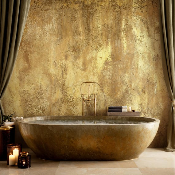 Faux Gold Texture Peel and Stick Wallpaper, Rustic Grunge Wall Mural, Vintage Art Deco Plaster Wall Covering