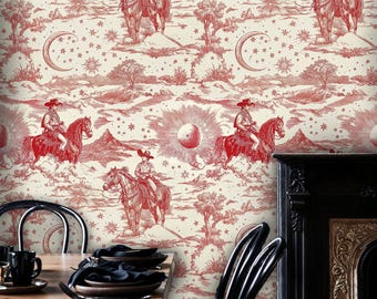 Celestial Western Peel and Stick Wallpaper, Horseback Riding Wallpaper Mural, Vintage Western Themed Wallpaper, Horse Toile Wallpaper