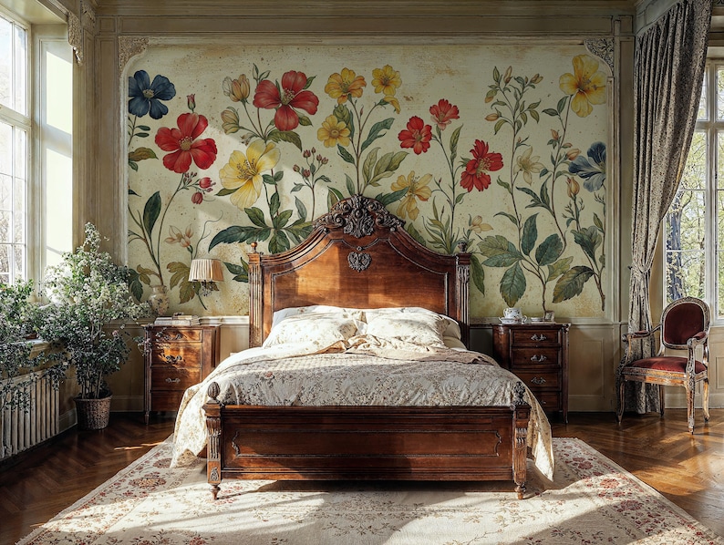Vintage Botanical Flowers Wallpaper, Removable Floral Large Wall Murals ...