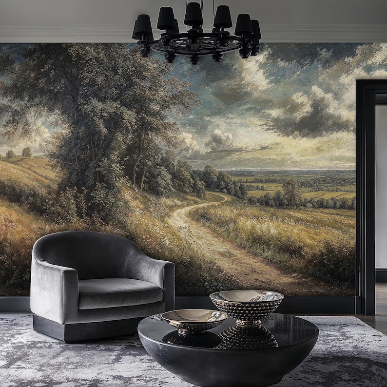 Vintage Rural Landscape Wallpaper Mural, Countryside Wall Mural Peel ...