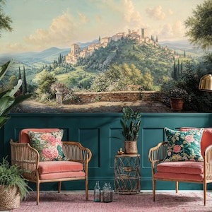 Panoramic Landscape Peel and Stick Wall Mural, Scenery Tuscan Wall Wallpaper, Italian Country Side Wallpaper, Vintage Scenic Wall Covering