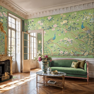 Grünes Chinoiserie-Tapeten-Wandbild, Pfauen-Pe & Stick-Tapete, Chinesisches Pfau-Wandbild, Chinoiserie-Peel & Stick-Tapete