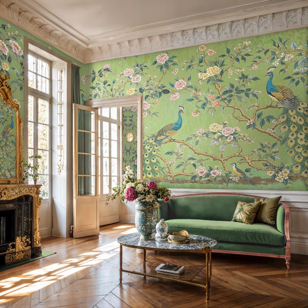 Green Chinoiserie Wallpaper Mural, Peacock Peel & Stick Wallpaper, Chinese Peacock Mural Wallpaper,  Chinoiserie Peel and Stick Wallpaper