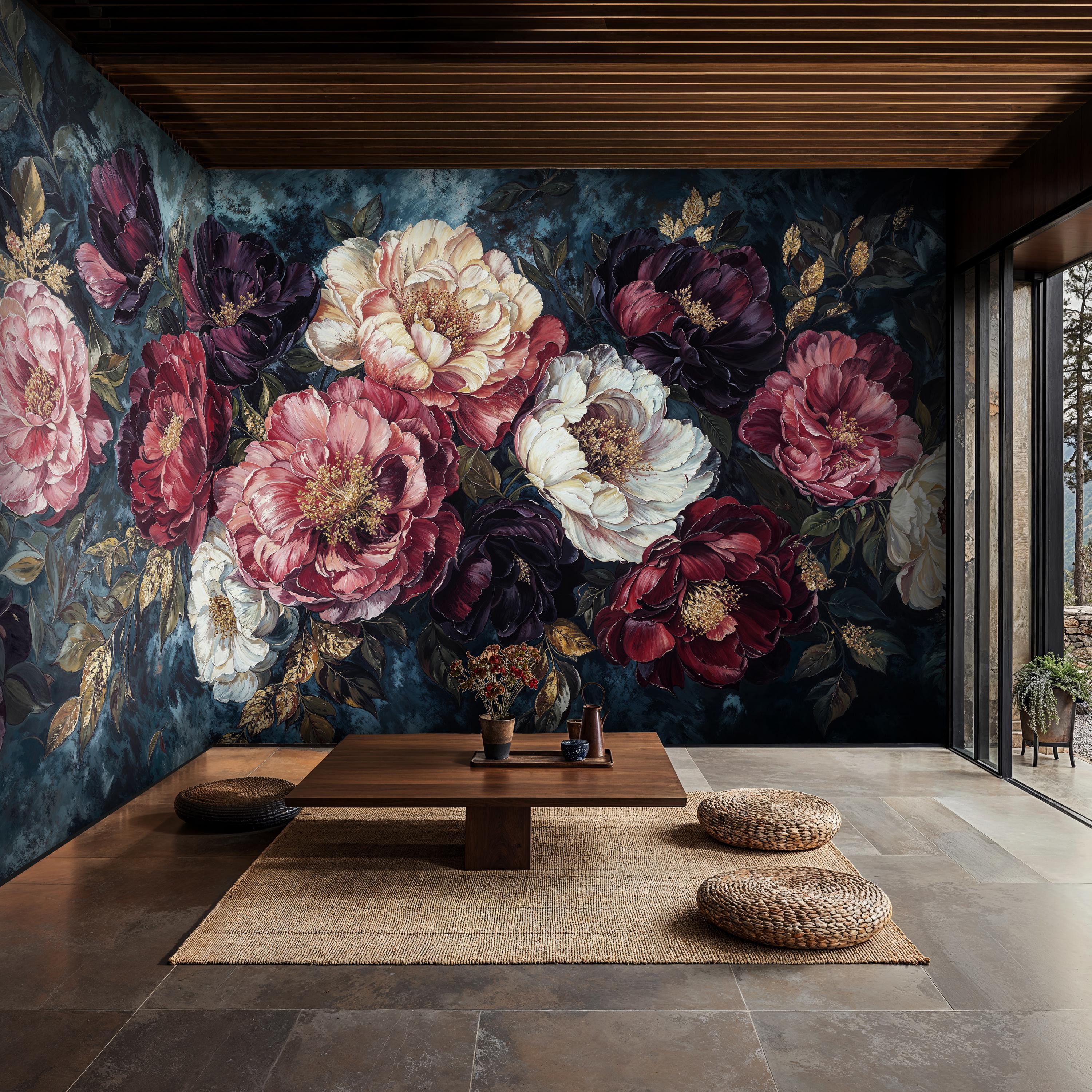 Large Abstract Floral Wall Mural Wallpaper, Navy Dark Floral Peel and ...