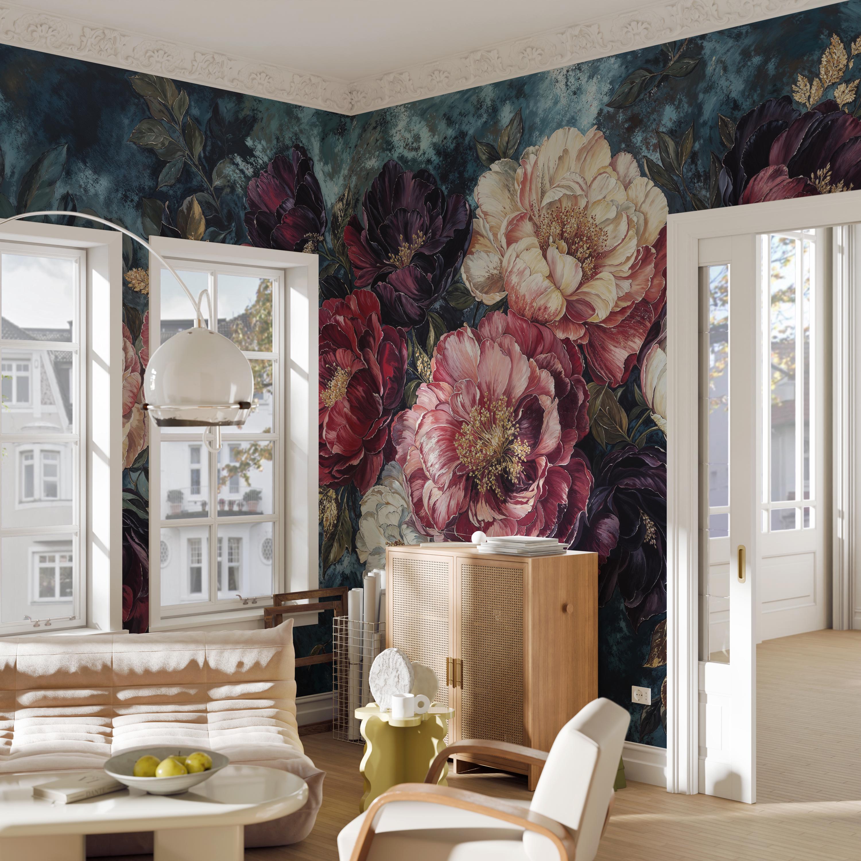 Large Abstract Floral Wall Mural Wallpaper, Navy Dark Floral Peel and ...