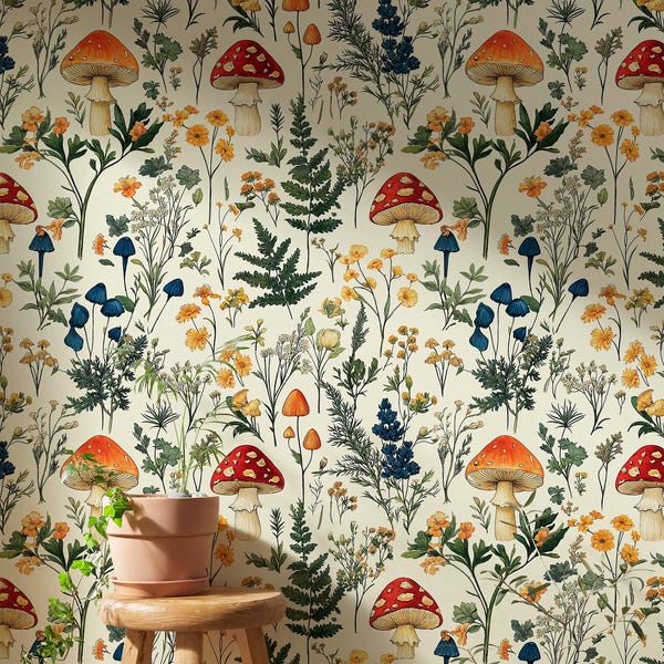 Woodland Mushroom Peel and Stick Wallpaper Mural, Wild Flowers Peel and Stick Wallpaper Cottagecore, Fungi Forest Wallpaper for Bathroom